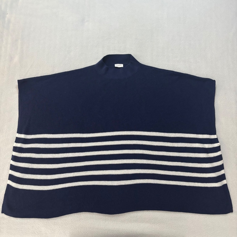 J.Crew Navy Blue White Striped Mock Neck Poncho Sweater Cotton Cashmere Blend
